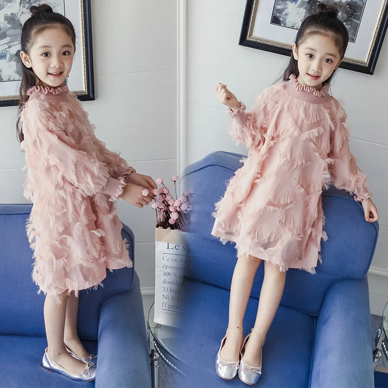 Модные вязаные платья принцессы с кисточками для девочек Детская осенняя