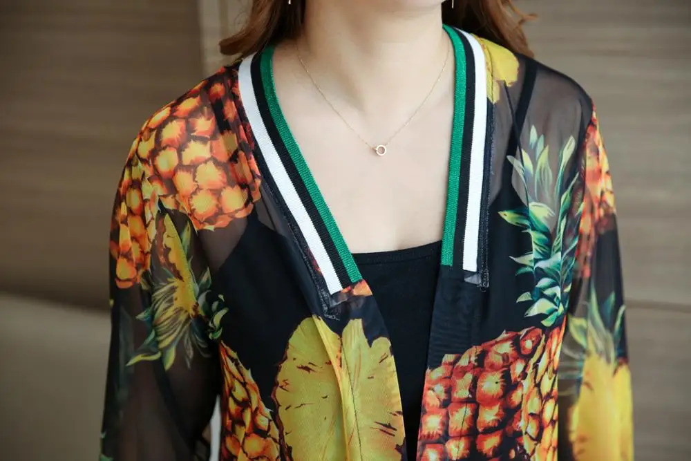 MINSUNDA Плюс Размер Повседневная ребристая отделка Ананас печатных сетки кимоно