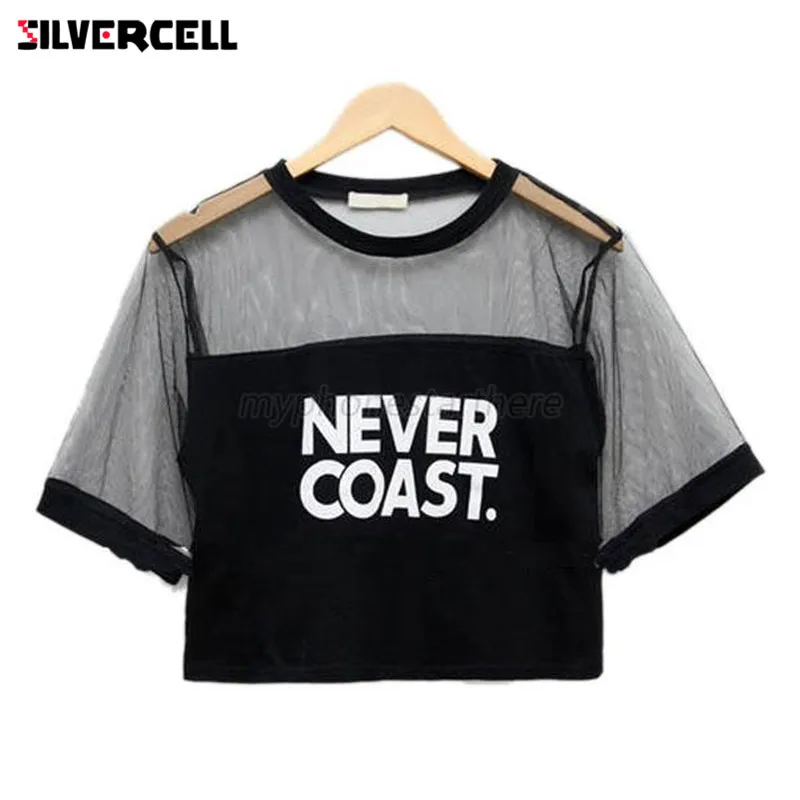 Кроп топ SILVERCELL с надписью NEVER COAST Женский пикантный Свободный укороченный круглым