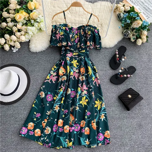 green pink floral Бохо оборками Винтаж Цветочный принт Лето с открытыми плечами миди длинное платье Вечерние для женщин Повседневное Спагетти ремень пляж праздник Vestidos - Цвет: green pink floral