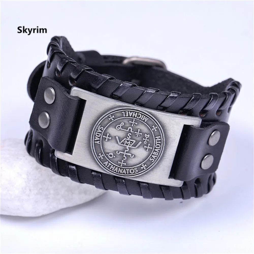 Skyrim Уриэль Габриэль талисман Ангел широкий кожаный браслет религиозный мужской Archangel Майкл Рафаэль браслет ювелирные изделия аксессуары - Окраска металла: black-sliver