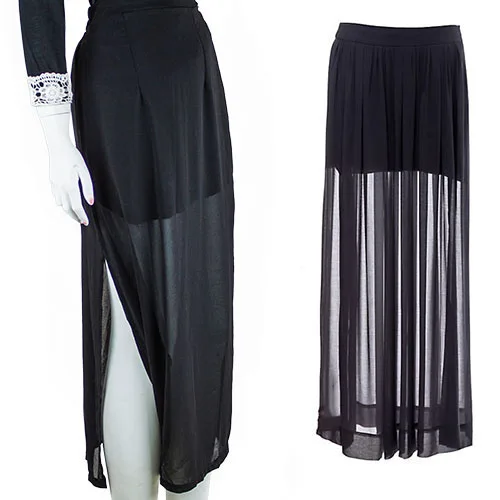 Hot Clear Women's Sheer High Side Split Black Pleated Chiffon Maxi Long Skirt Retail/Wholesale 5AX7 7EF6 | Женская одежда