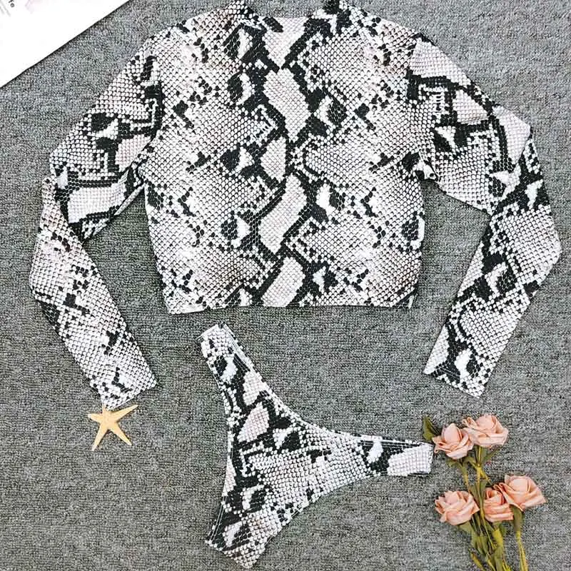 Змеиный принт бикини на молнии 2019 длинный рукав купальники для женщин Высокая