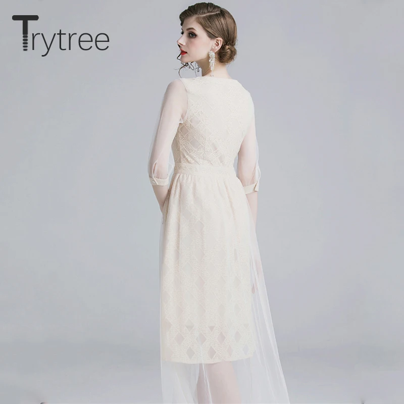 Trytree летнее осеннее платье с вырезом круглым в сетку геометрическим рисунком