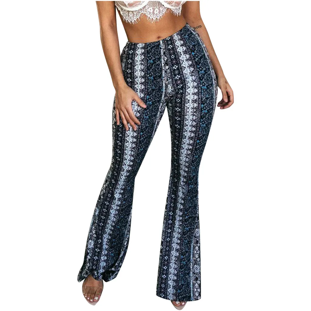 Новые Boho летние женские эластичные брюки нижнего белья женские тонкие расклешенные брюки с принтом Высокая талия Модные женские длинные брюки