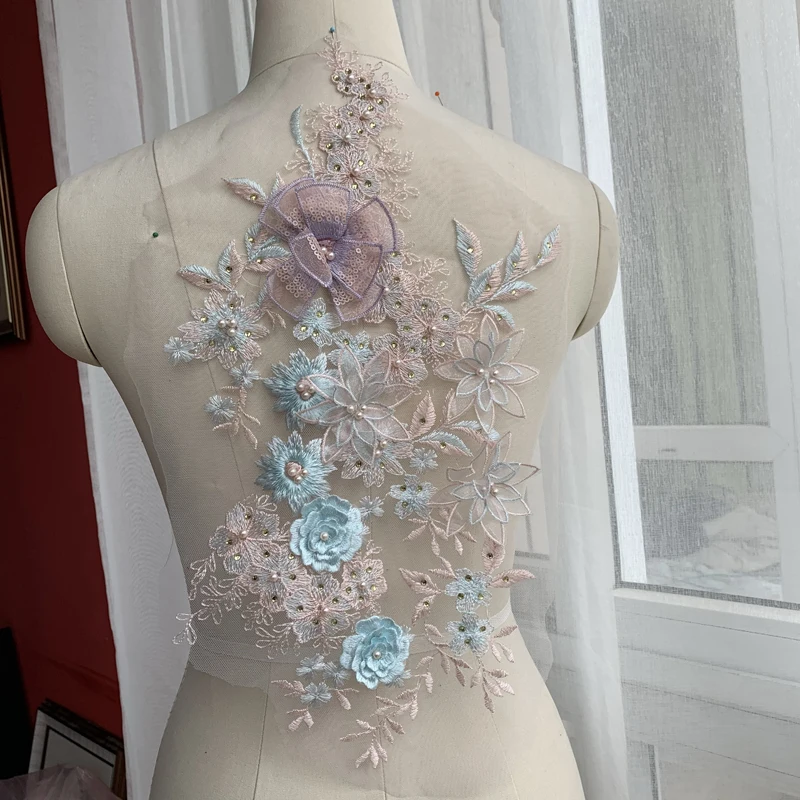 

New 3D stereo contrast embroidery beaded lace flower dress patch tiara accessories 44*24CM