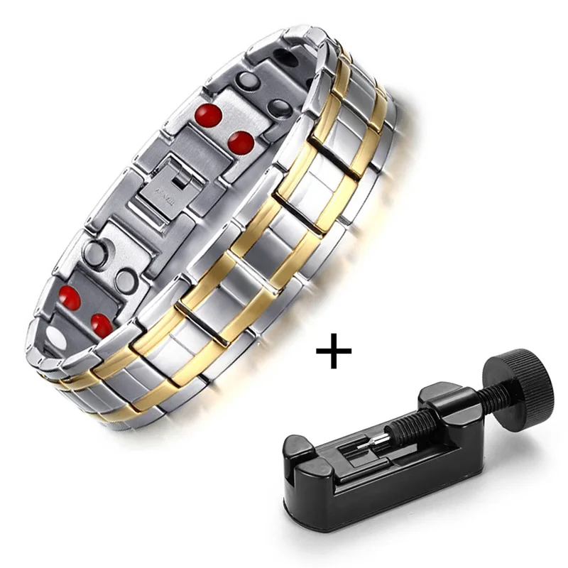 bracelet with tool WelMag, мужские магнитные браслеты, браслеты из нержавеющей стали, серебро, золото, мощный терапевтический браслет, двухрядный германиевый браслет для здоровья - Окраска металла: bracelet with tool