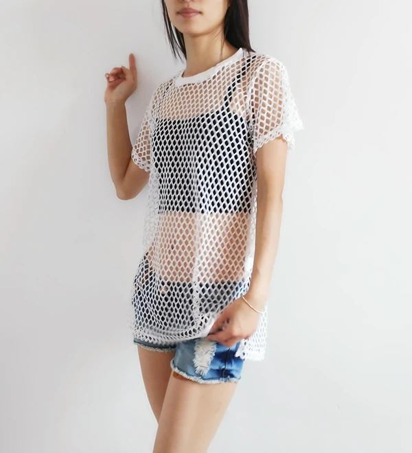 Женские футболки сексуальные прозрачные сетчатые свободные новинка 2017 Летняя