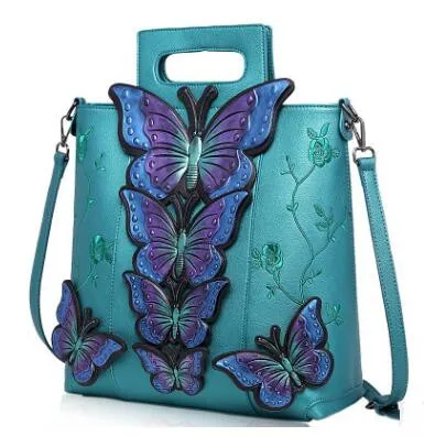 Large Dark Green Национальный стиль бабочка вышитые Для женщин модные кожаные Сумки женский бренд сумка Повседневное сумка через плечо - Цвет: Large Dark Green