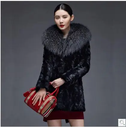 Women Black Faux Raccoon Fur Collar Jackets Long Section Fashion Female Coat Casaco Feminino Man-Made Coats K432 | Женская одежда