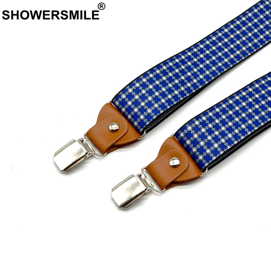 SHOWERSMILE мужские брюки ремень с кожаной синей клетчатой деловой подтяжки широкие регулируемые Elasitic подтяжки 3 зажимы Y Ремни на спине