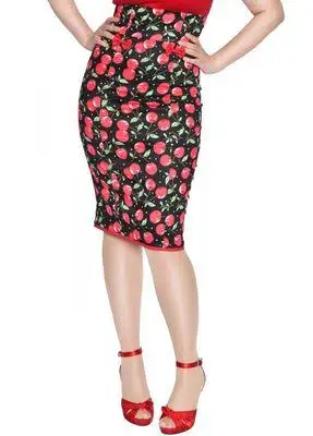 25-Женская винтажная юбка-карандаш средней длины с вишневым бантом и высокой