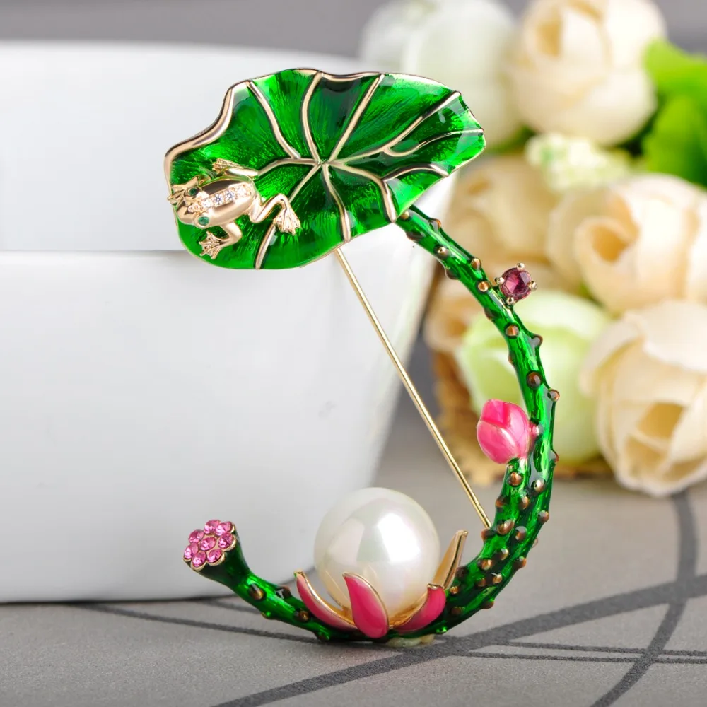Броши Funmor в форме лягушки с зелеными листьями лотоса яркие эмалированные