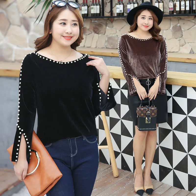 Женская бархатная блузка LUO SHA с длинным рукавом и бусинами|plus size women blouse|womens tops and