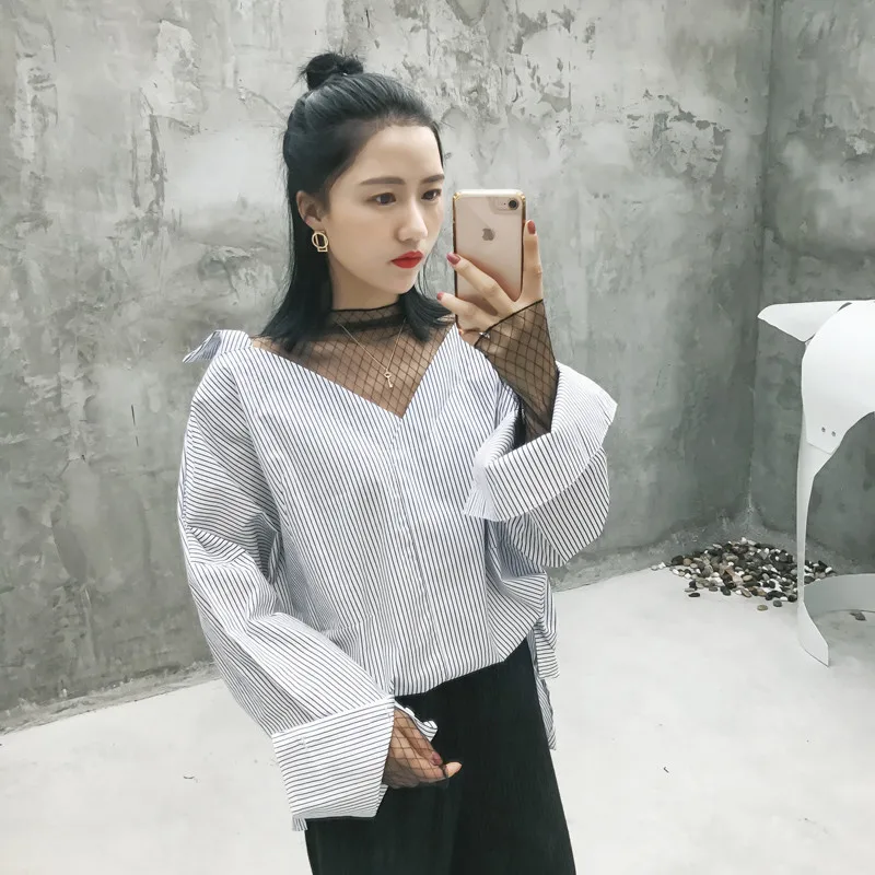 Блузка женская сетчатая с длинным рукавом Модная хлопковая рубашка в стиле