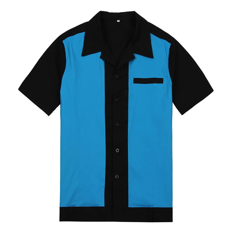 Повседневная мужская одежда, рубашки с коротким рукавом, Camiseta, Ретро стиль, Hombre, боулинг, рубашка на пуговицах, пэчворк, мужские рубашки, обычная посадка - Цвет: Синий