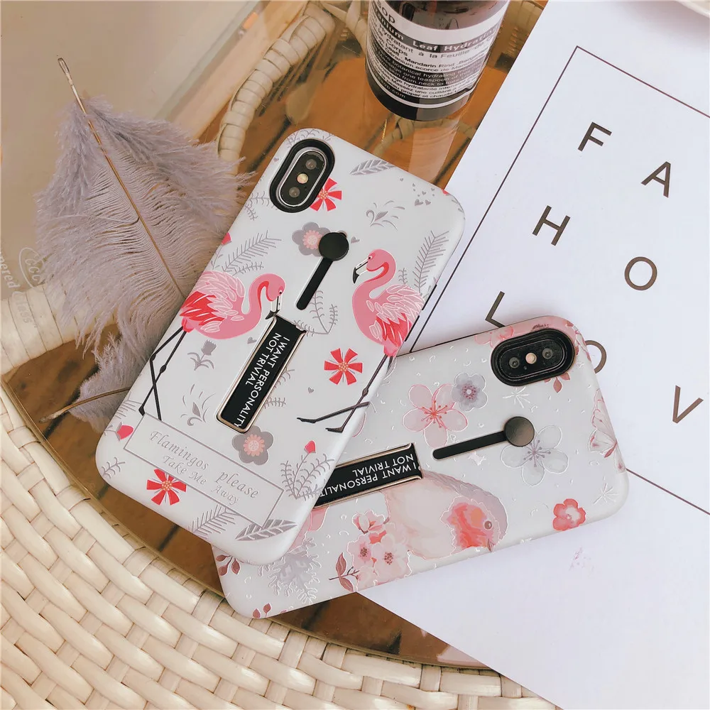High Quality Phone Case For iphone X XS MAX XR Rose Flower Flamingo Cover 6 6s 7 8 Plus Hide Ring Stand Holder Cases |
