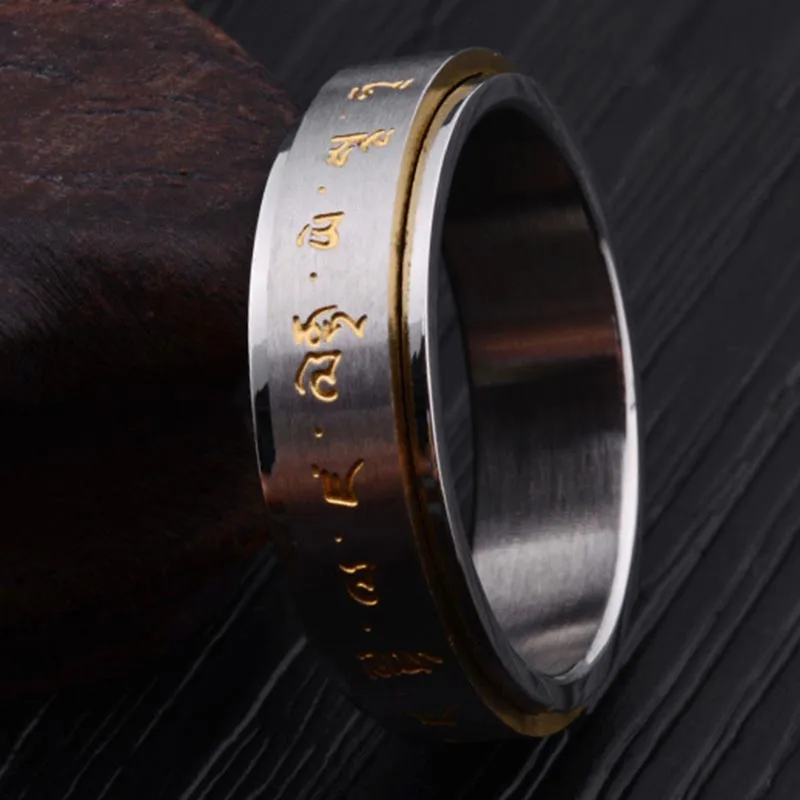 Кольцо с надписью и вращением Будды вращающееся в виде мантры из титановой стали