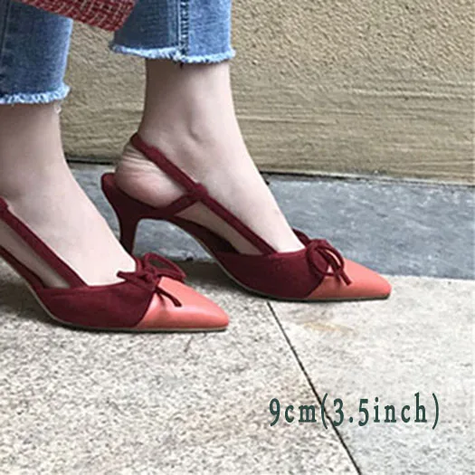 Wine Red 9cm Мода брендовая обувь галстук-бабочка Размер 33 тонкий насосы Красное вино Slingback сандалии замша Указательный палец ремень женщина Многоцветный высокие каблуки китайская Лето Китай новая - Цвет: Wine Red 9cm