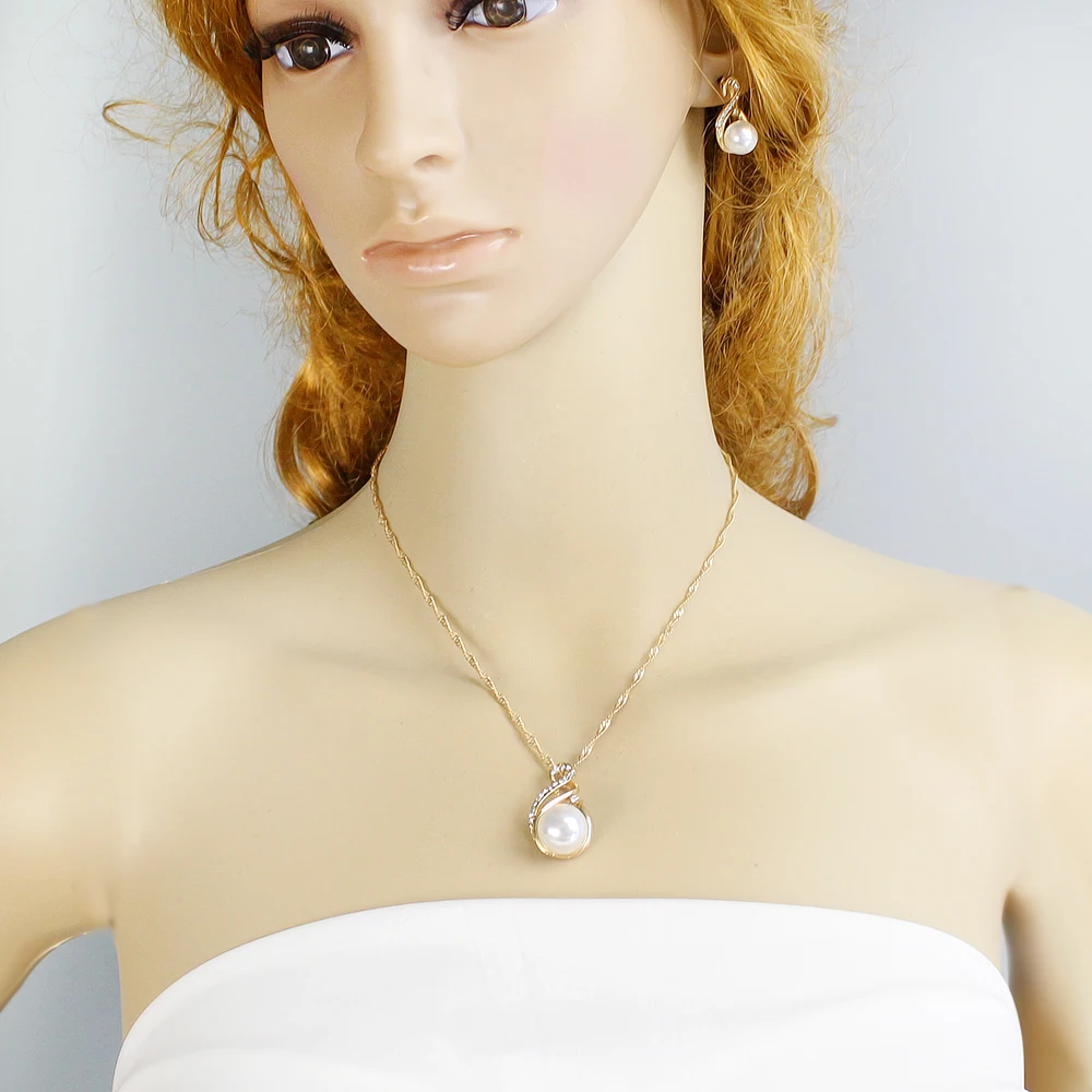 Newindy Jewelry Gold-Color Silver Color Chain With Rhinestone and Simulated Pearl Pendant Necklace Stud Earring Bijoux Femme | Украшения и