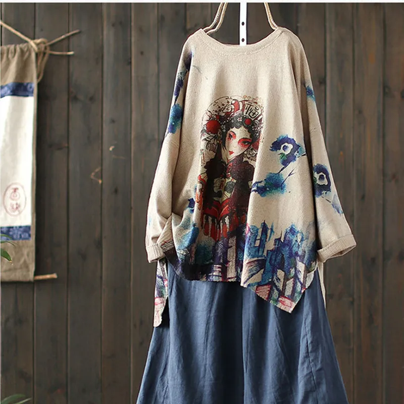 Loose Style Pullovers Harajuku National Knitted Sweater Women Drama Character Printing Pattern Irregular Pull Sueter Mujer 2021 | Женская