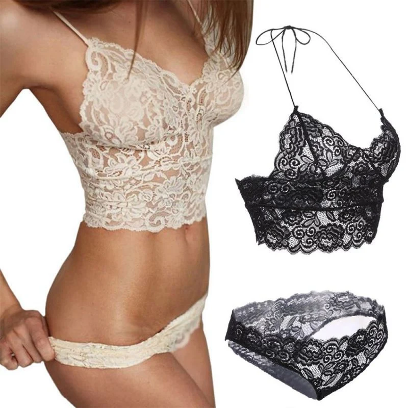 No Closure Women Sexy Lace Bralette Corset Hollow Transparent Temptation Underwear Suits Solid Lingerie Bras Sets | Женская одежда