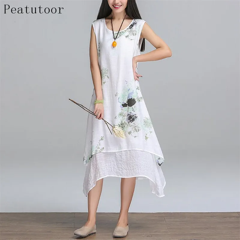 Китайский Стиль летнее платье без рукавов Для женщин Dress2018 Повседневное хлопок