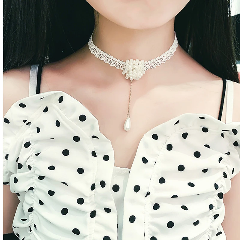 DoreenBeads Romantic Handmade Chocker Necklace White Lace Rope Limited Pearl Beads Tassel Hot Jewelry For Women Gift,1 PC