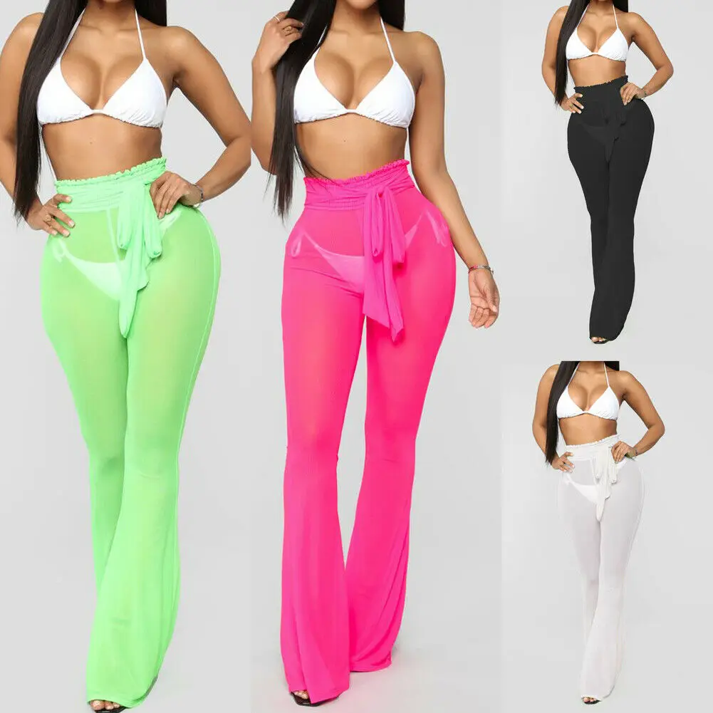 S XL флуоресцентные женские Высокая талия расклешенные брюки Прозрачные Высокие