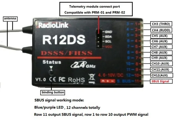 

RadioLink R12DS Receiver 12CH 12 Channel 2.4Ghz For AT9 AT9S AT10 AT10 Transmitter Aircraft Aerial Photography Device