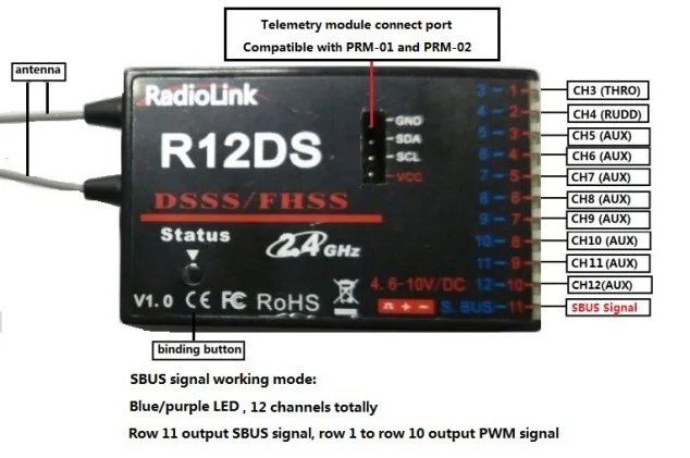 

Приемник RadioLink R12DS 12 каналов 2,4 ГГц для передатчика летательной техники AT9 AT9S AT10 AT10
