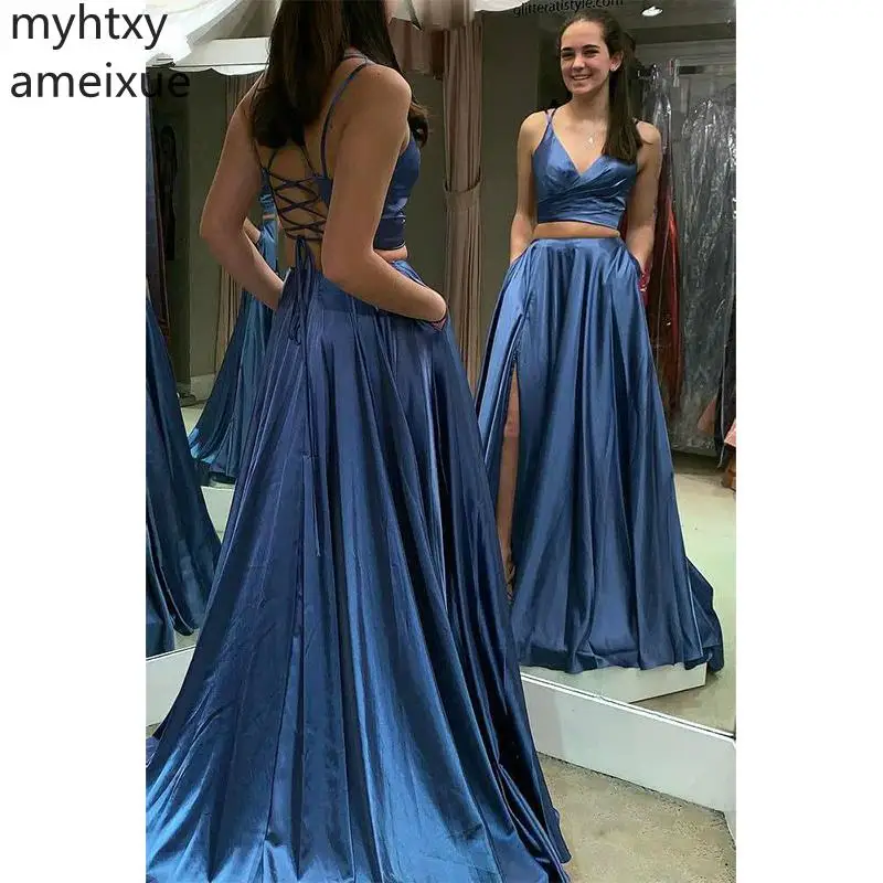 

2021 New Cheap Sexy Blue Evening Dresse Two Pieces Prom Dress Skeeveless Lace Up Floor Length Long Custom Made Robe De Soiree