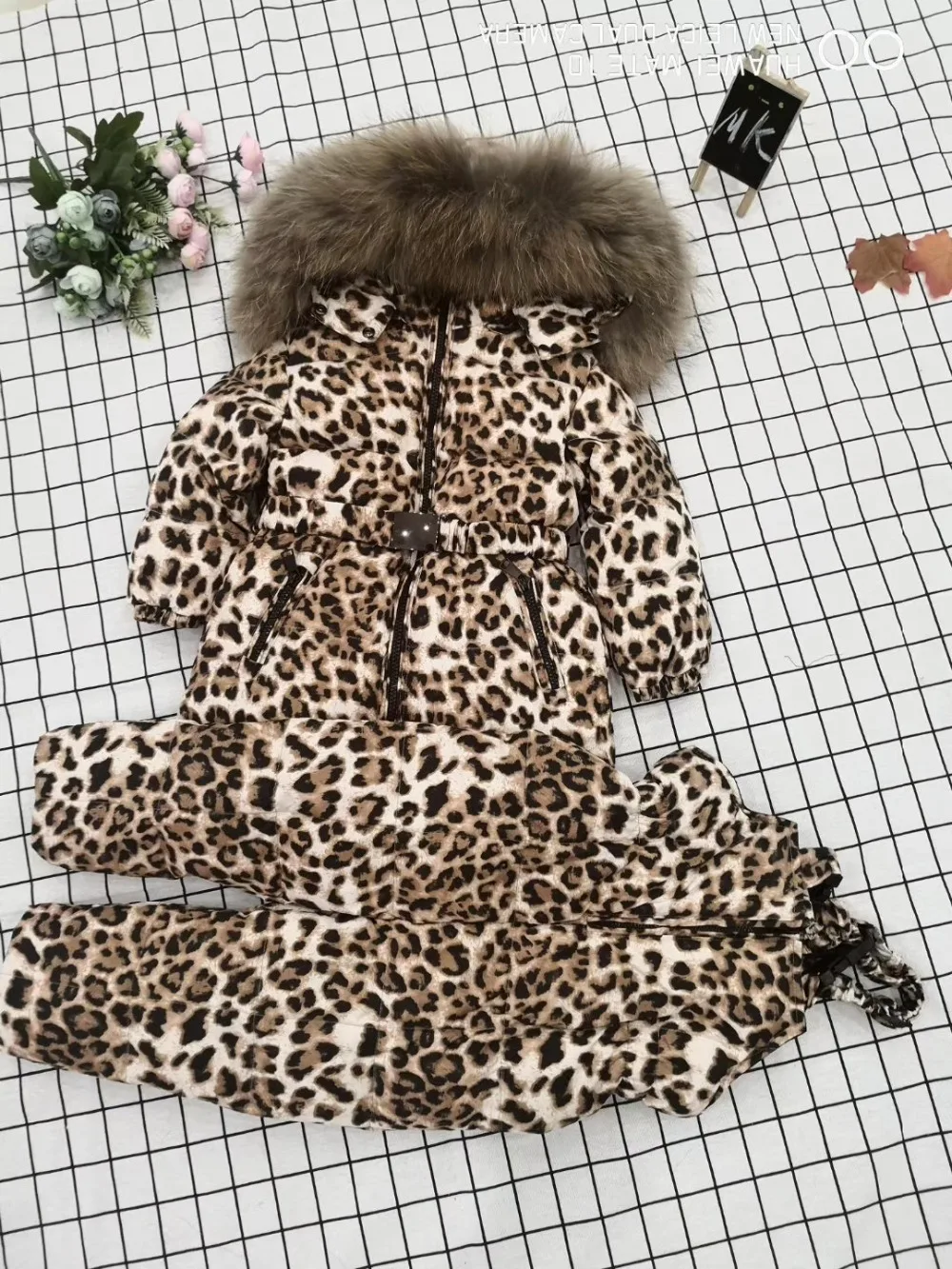 Winter Jacket Children down jackets& PANT duck down Fur hooded Leopard flower girl snowsuit boy set outerwear ski suit
