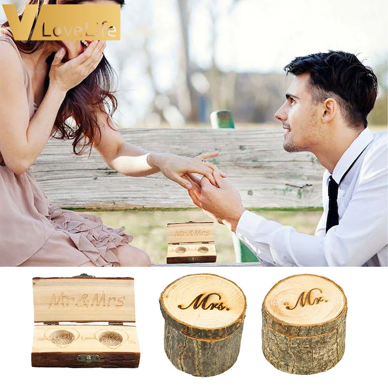 Mr Mrs рустикальное обручальное кольцо держатель коробки Выгравированный обручальное кольцо коробка с мешковиной Свадебный Подарок на годовщину