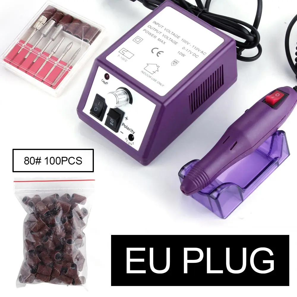 Purple EU Plug 80 Электрическая дрель для ногтей, машинка для маникюра, сверла для ногтей, ручка для маникюра, педикюра, инструменты для ногтей, 100 шт., шлифовальные ленты для ногтей, сверла, сверла для ЕС/США - Цвет: Purple EU Plug 80