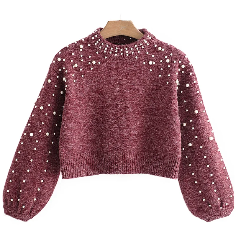 Pearl Turtleneck Sweater Women Winter Knitted Sweaters Lantern Sleeve Loose Short Pullover Female Autumn Casual Jumper MY776 | Женская