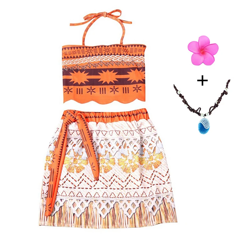 YOFEEL Girls Moana Summer Dress Princess Cosplay Costume Kids Beach Suit Children Halter Strap Elastic Clothes with Necklace | Детская