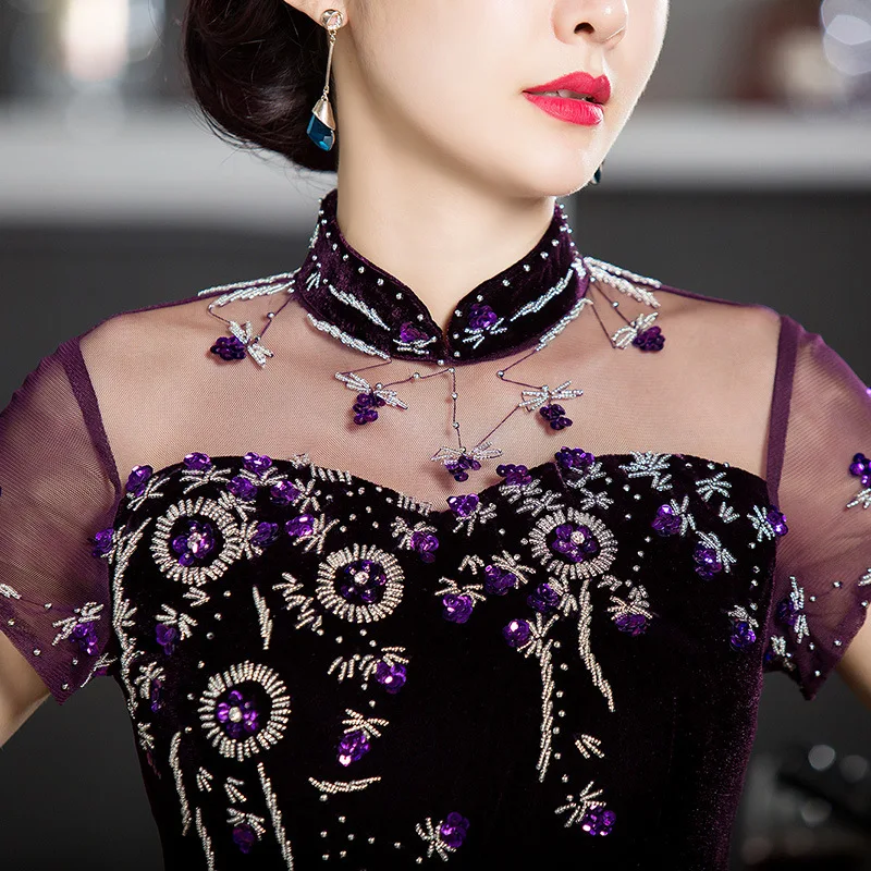 Сексуальное женское платье из велюра с китайским традиционным вырезом на спине, ручной работы, украшенное пайетками и бисером. Чипао новых женщин, длинное вечернее платье.