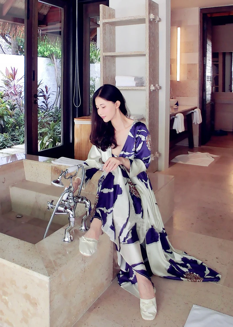 Бесплатная доставка Женский длинный халат королевская фиолетовая синяя Пижама