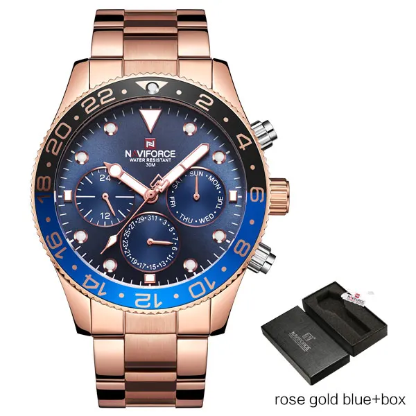 Rose Gold Blue-Box NAVIFORCE роскошные часы мужские военные спортивные часы мужские s Нержавеющая сталь водонепроницаемые кварцевые 24 часа календарь наручные часы Reloj - Цвет: Rose Gold Blue-Box