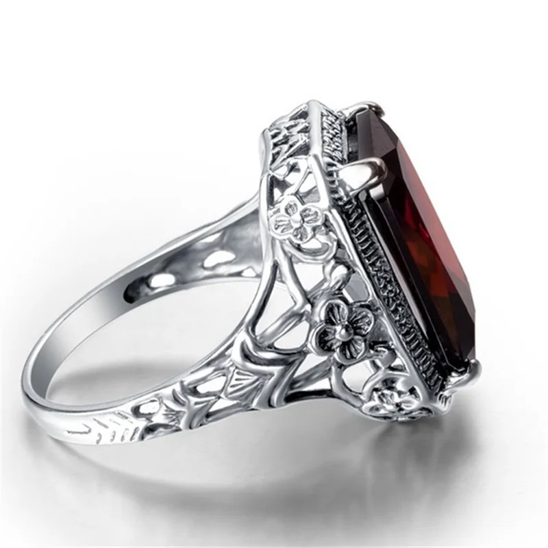 OMHXZJ Wholesale European Fashion Woman Man Party Wedding Gift Silver Red Rectangle AAA Zircon 925 Sterling Ring RR17 | Украшения и