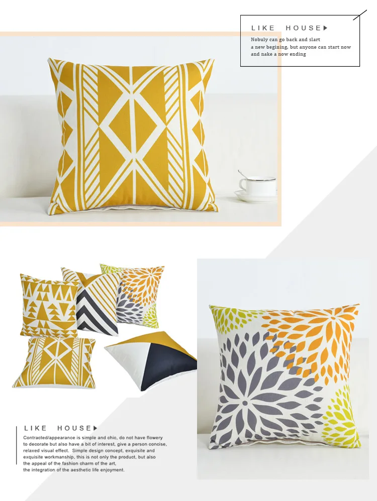 Nordic Style Yellow Geometric Printed Cushion Cover Cotton Linen Throw Pillowcase Waist Home Decor Sofa Chair Car Pillow Covers
