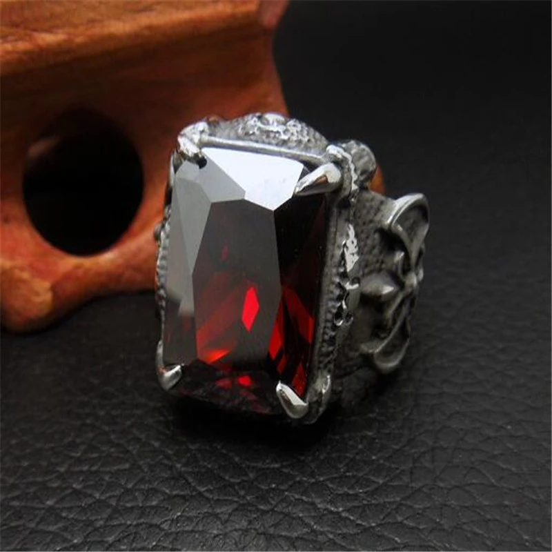 New Punk Style Red Glass Ring Men's Vintage Jewelry High Quality Big Square Stones Finger Rings For Man Titanium Steel | Украшения и