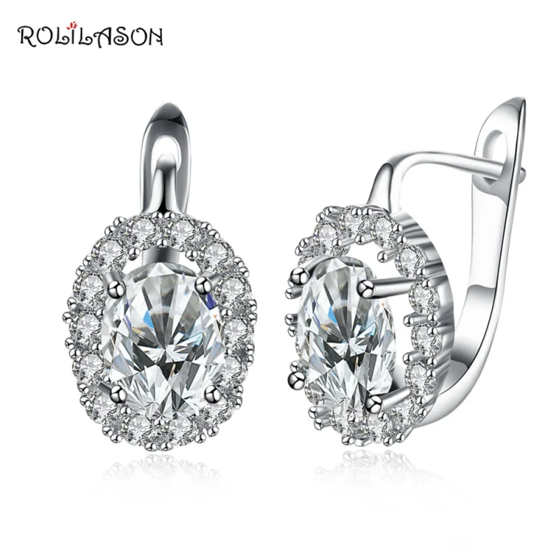 Rolilason новинка Белый циркония серебряные овальные клип серьги для женщин подарок