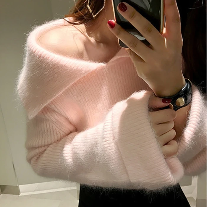 New 2018 Autumn Winter Women Mink Cashmere Sweater Fashion Yellow Knitting Flare Sleeve Ladies Casual Loose Warm Soft Pullovers | Женская