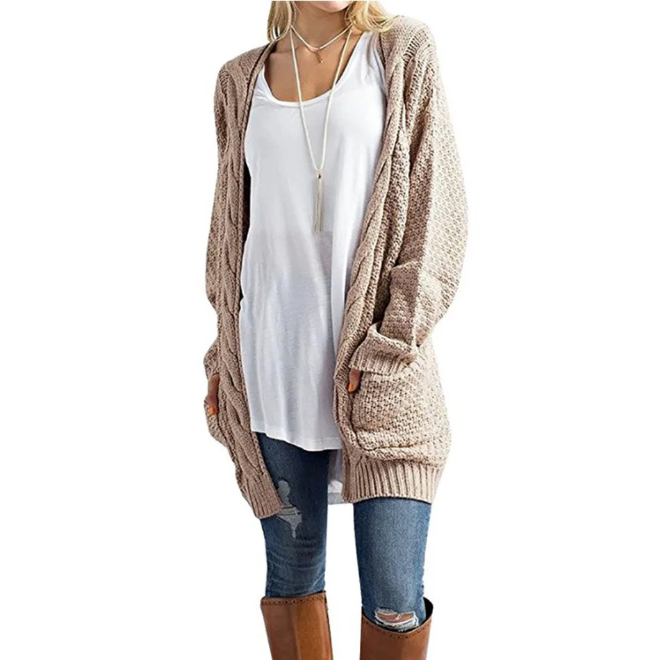 

2019 Long Cardigan Women Sweater Long Sleeve Solid Color Pocket Sweater Hemp Flowers Knitted Cardigan Plus Size Cardigan