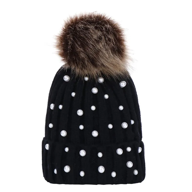 Feitong теплая зимняя женская шапка 2018 Модная вязаная с бусинами Feminina Beanie Hairball