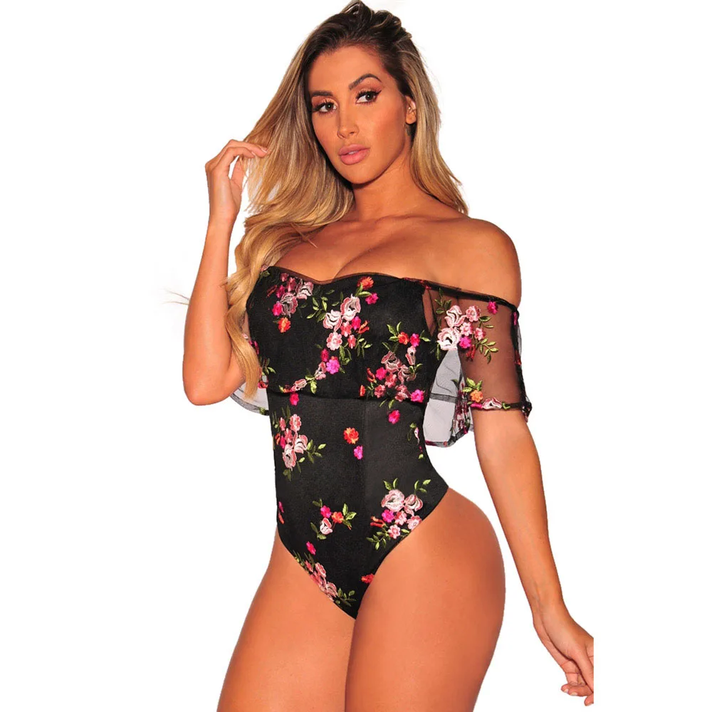 Red Flower IDress новинка от плеча собранное в сборки Bodycon Вечерние боди черная сетка комбинезон сексуальный комбинезон с цветочным принтом на шнуровке, соблазнительная униформа, Feminino - Цвет: Red Flower