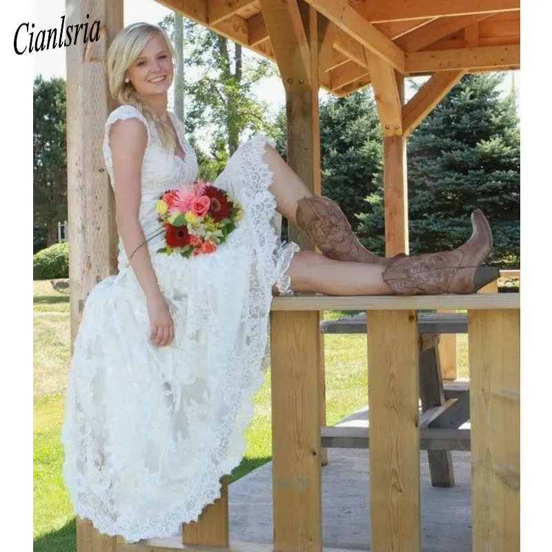 

Short Wedding Dress Plus Size Full Lace V-neck Short Sleeves A-line Tea Length Beach Wedding Gowns Vestido De Noiva