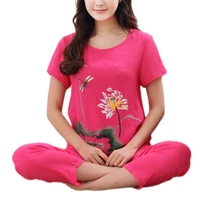 womens summer plus size pajamas set chinese lotus floral print short sleeve tops capri pants loose sleepwear loungewear xl 4xl
